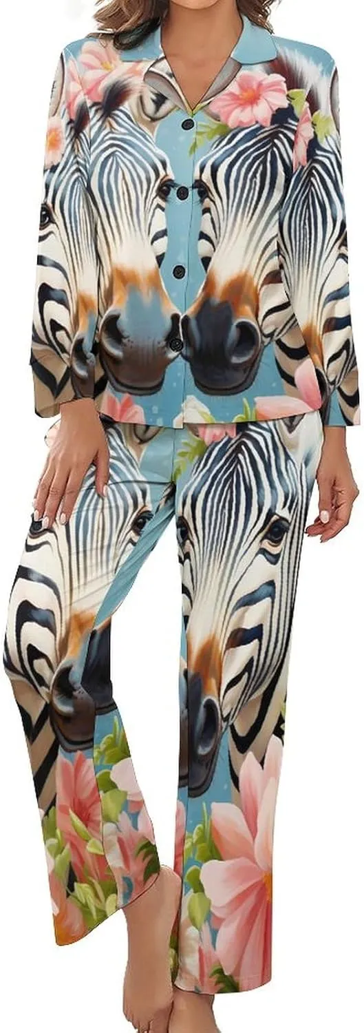 Funny Zebra Womens Pajamas Satin PJ Set Button Down Loungewear Set 2 Piece Lounge Sets