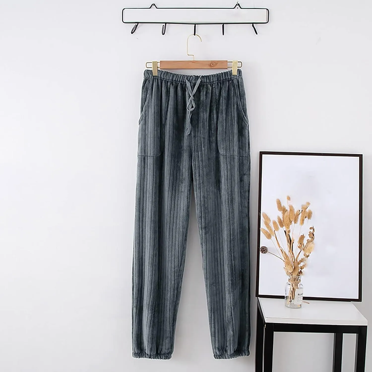 Fuzzy Pajama Pants Women with Pockets Solid Pajamas Winter Warm Lounge Homewear Drawstring Fleece Pj Cinch Bottoms