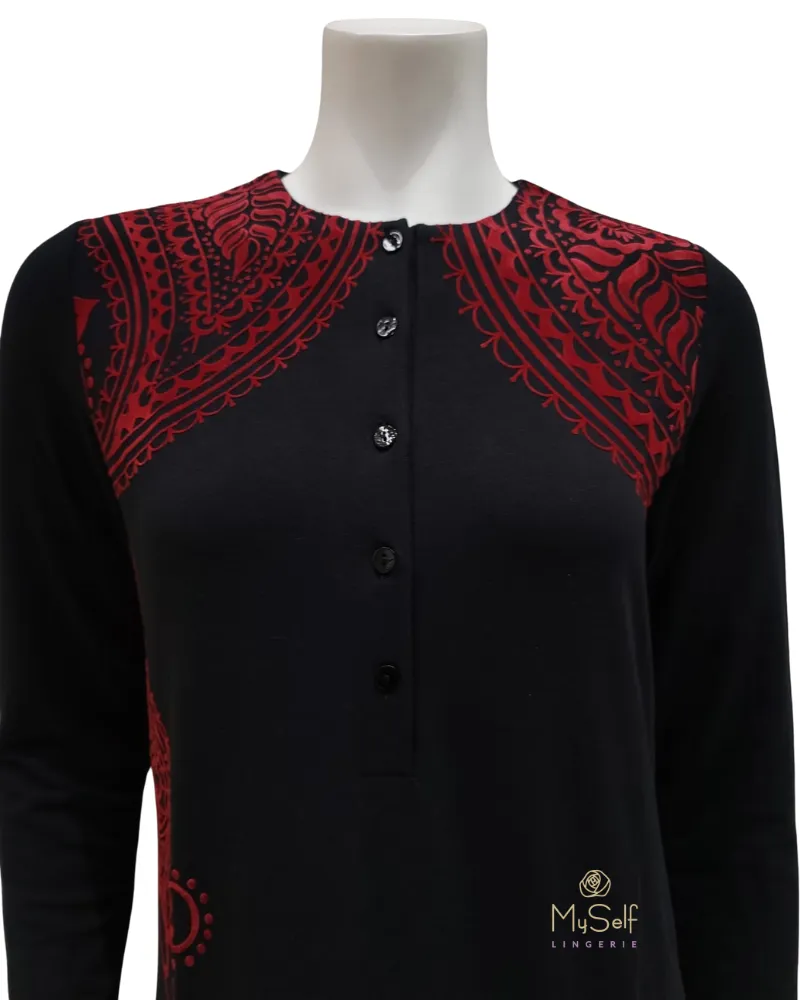 FW21N07A Flocked Paisley Black Button Down Cotton Nightgown