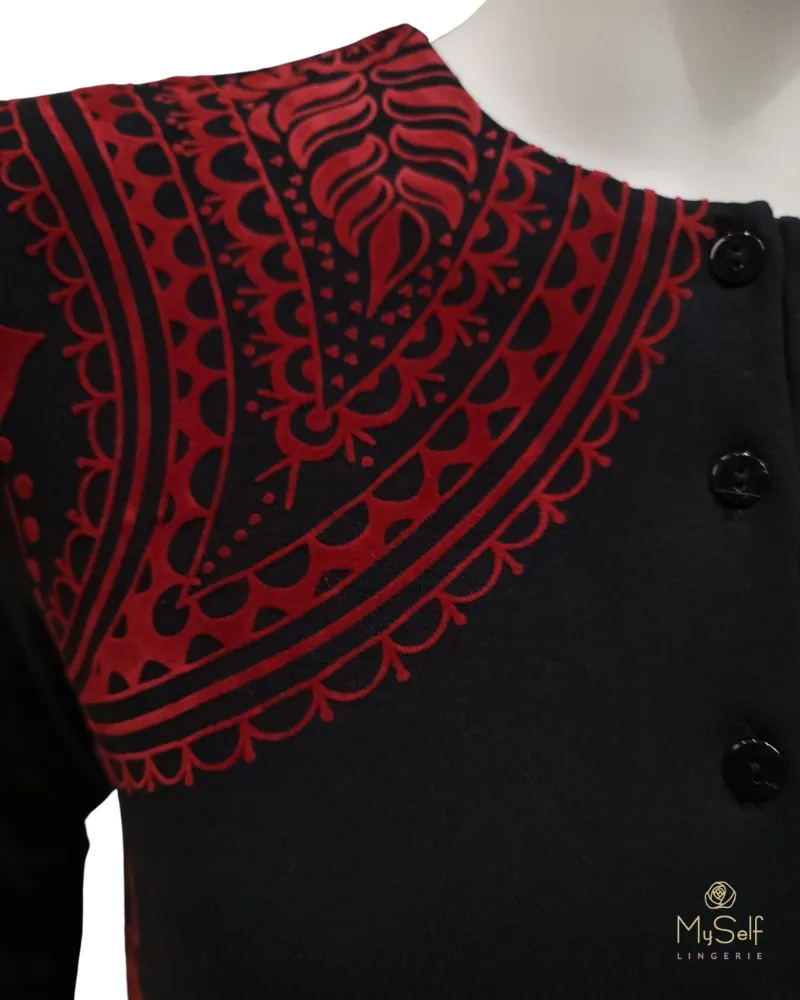 FW21N07A Flocked Paisley Black Button Down Cotton Nightgown