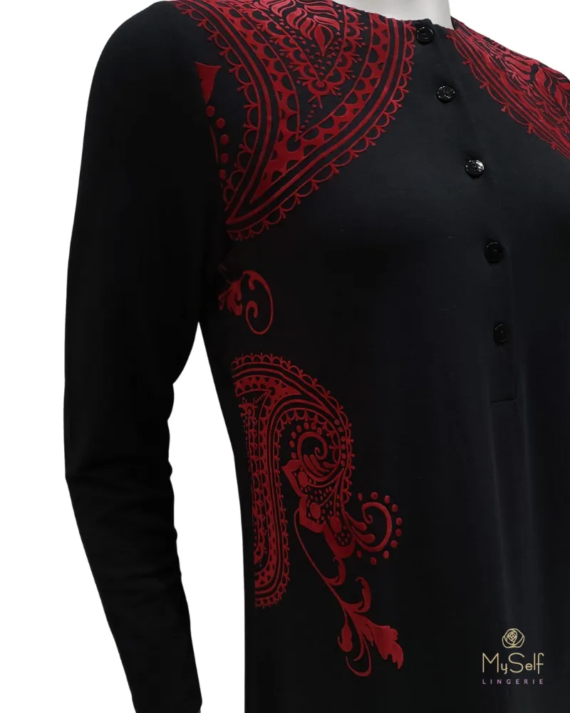 FW21N07A Flocked Paisley Black Button Down Cotton Nightgown