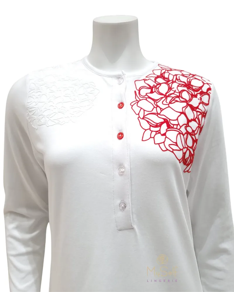 FW21N08A Flocked Hydrangea White Button Down Nightgown