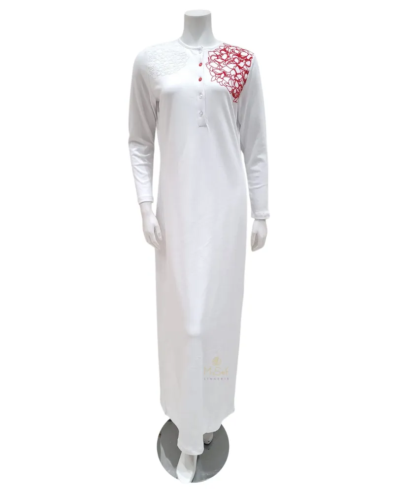 FW21N08A Flocked Hydrangea White Button Down Nightgown