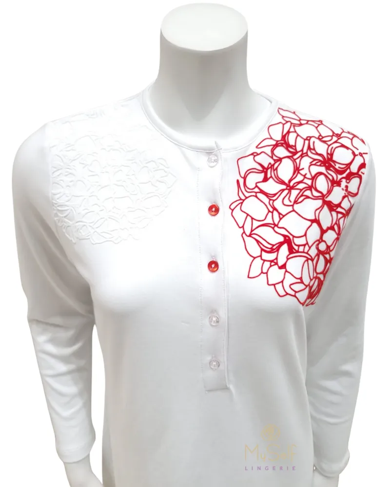 FW21N08A Flocked Hydrangea White Button Down Nightgown