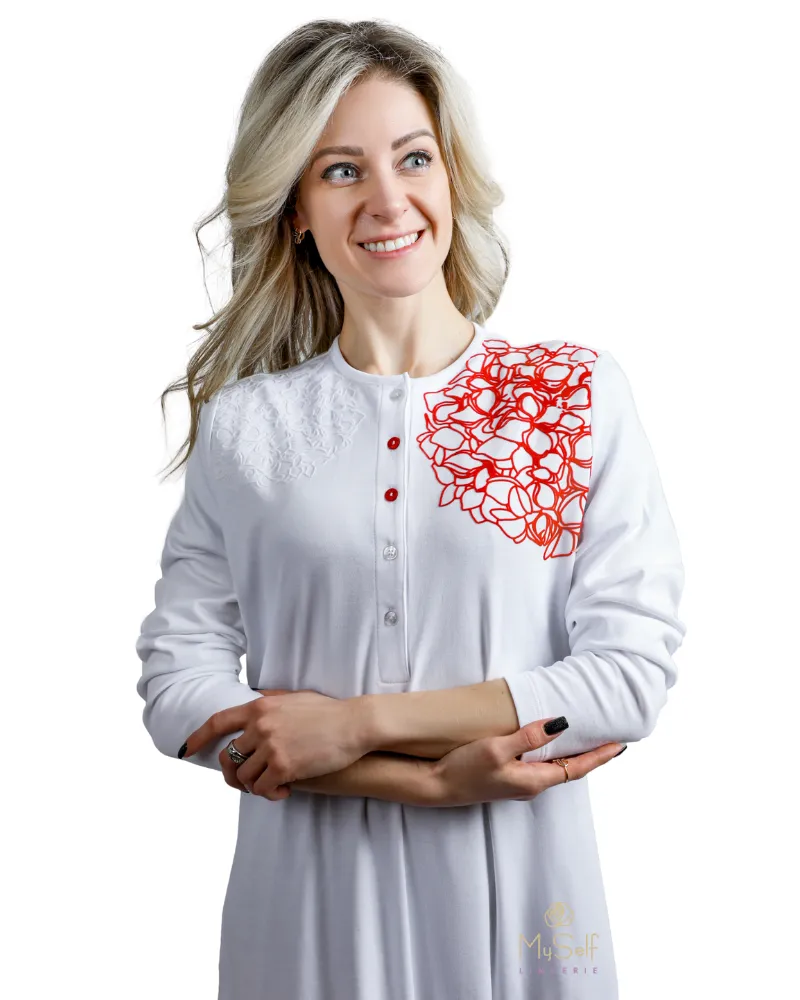 FW21N08A Flocked Hydrangea White Button Down Nightgown