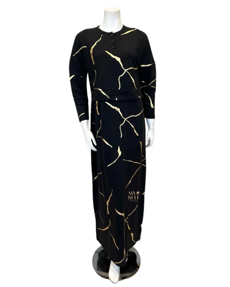 FW23N23B Foil Print Black Nursing Nightgown