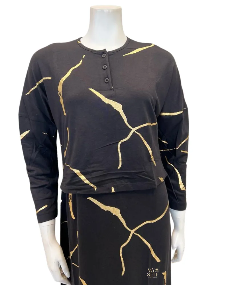 FW23N23B Foil Print Black Nursing Nightgown