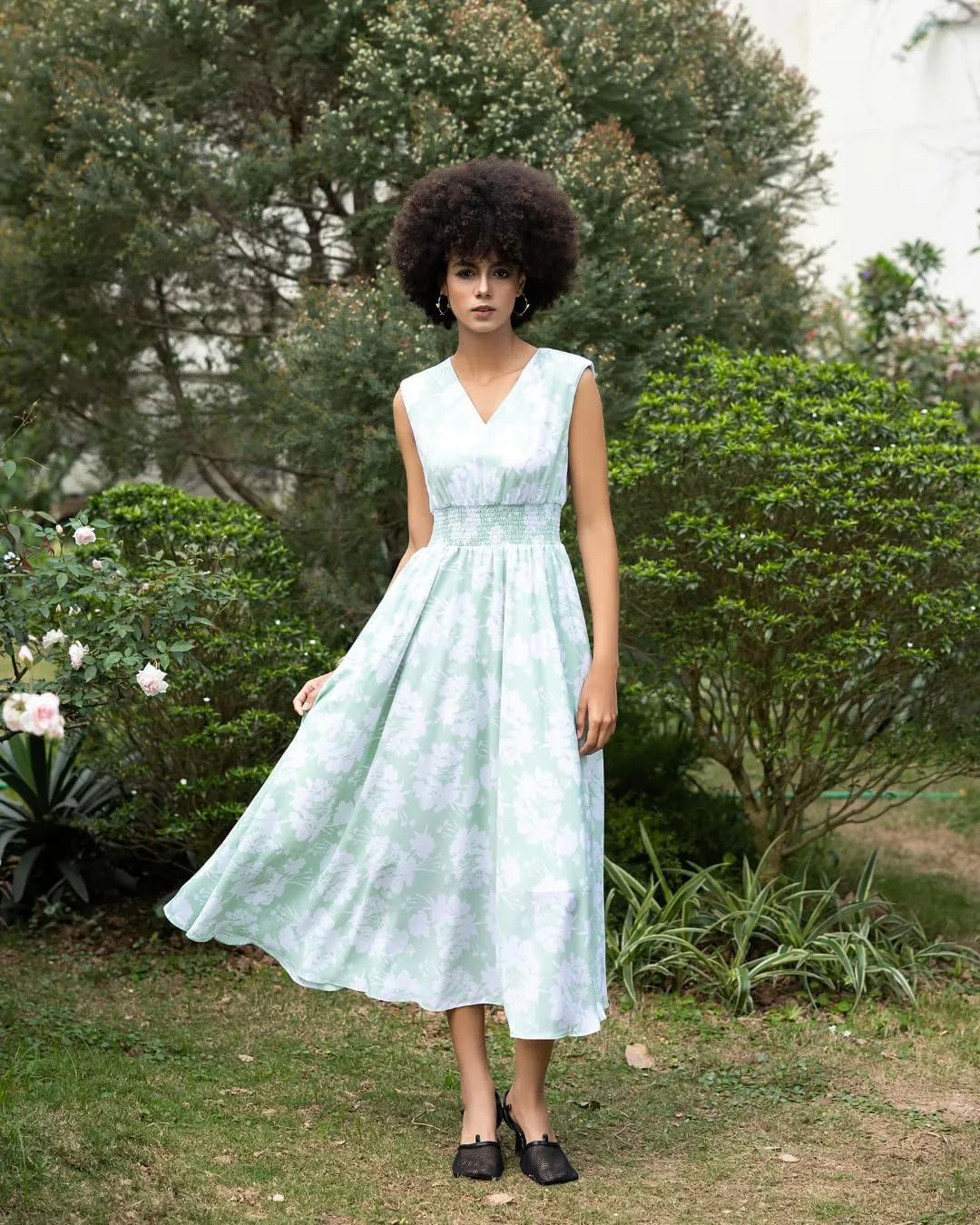 G-Light Green Woven Flared Dress