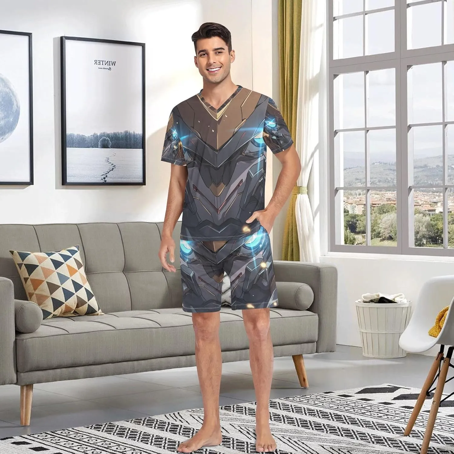 GAIGEO Blue Shark in Blue Broken Wall Mens Pajamas Set, Men Summer Pajamas Set, Pajamas Sets for Men Home, S-XXL