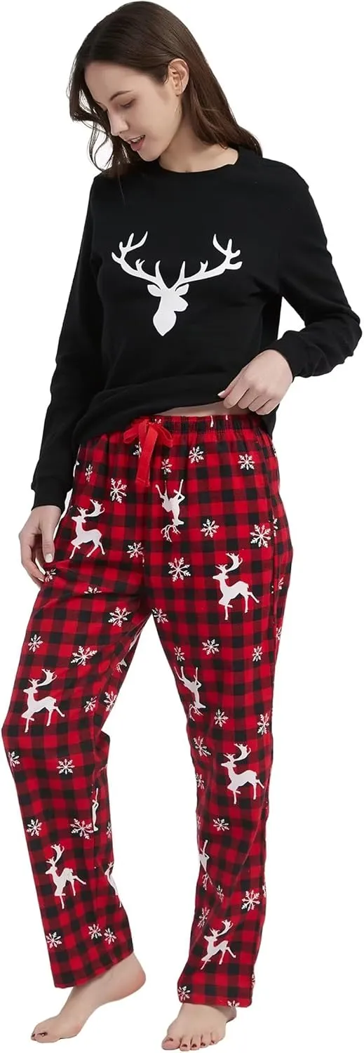 GLOBAL Matching Pajamas for Couple Christmas Pjs for Family Cotton Top and Flannel Bottom