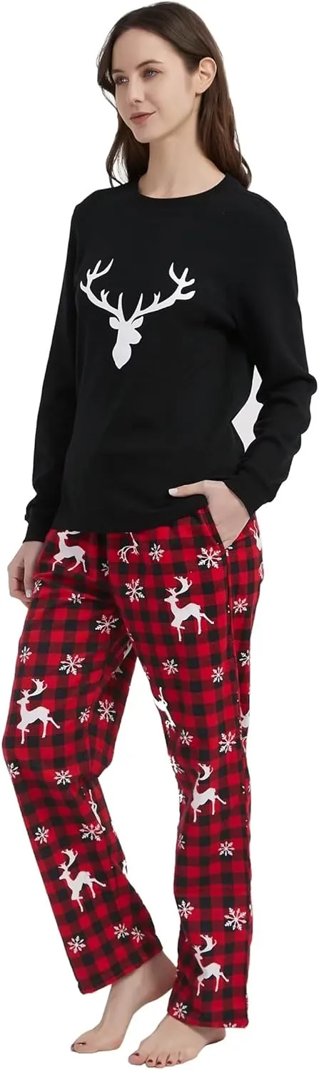 GLOBAL Matching Pajamas for Couple Christmas Pjs for Family Cotton Top and Flannel Bottom
