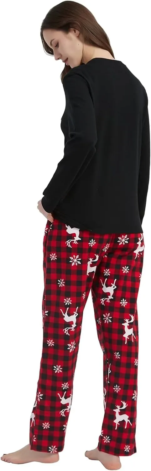 GLOBAL Matching Pajamas for Couple Christmas Pjs for Family Cotton Top and Flannel Bottom