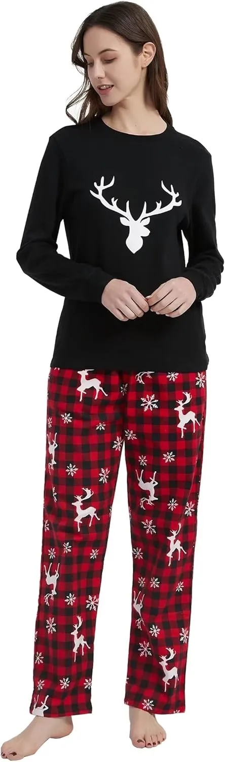 GLOBAL Matching Pajamas for Couple Christmas Pjs for Family Cotton Top and Flannel Bottom
