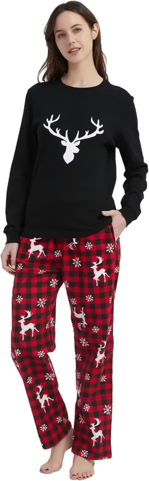 GLOBAL Matching Pajamas for Couple Christmas Pjs for Family Cotton Top and Flannel Bottom