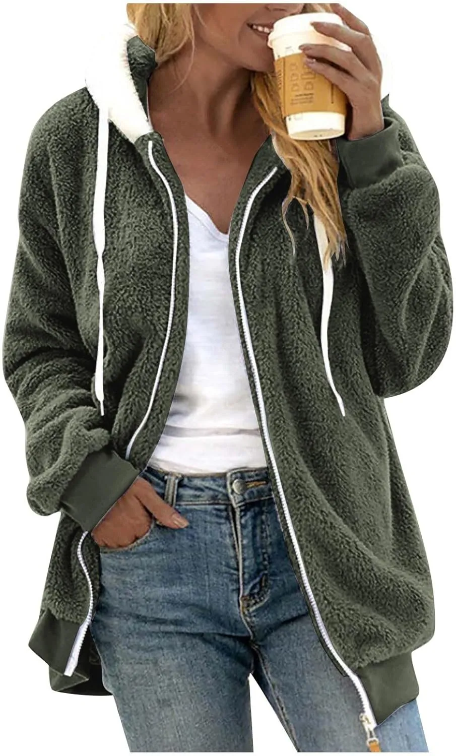 GOFULY Winter Hoodie Women Trendy Oversized Sherpa Coats Trendy Full Zip Plush Jackets Plus Size Patchwork Cardigans Pockets
