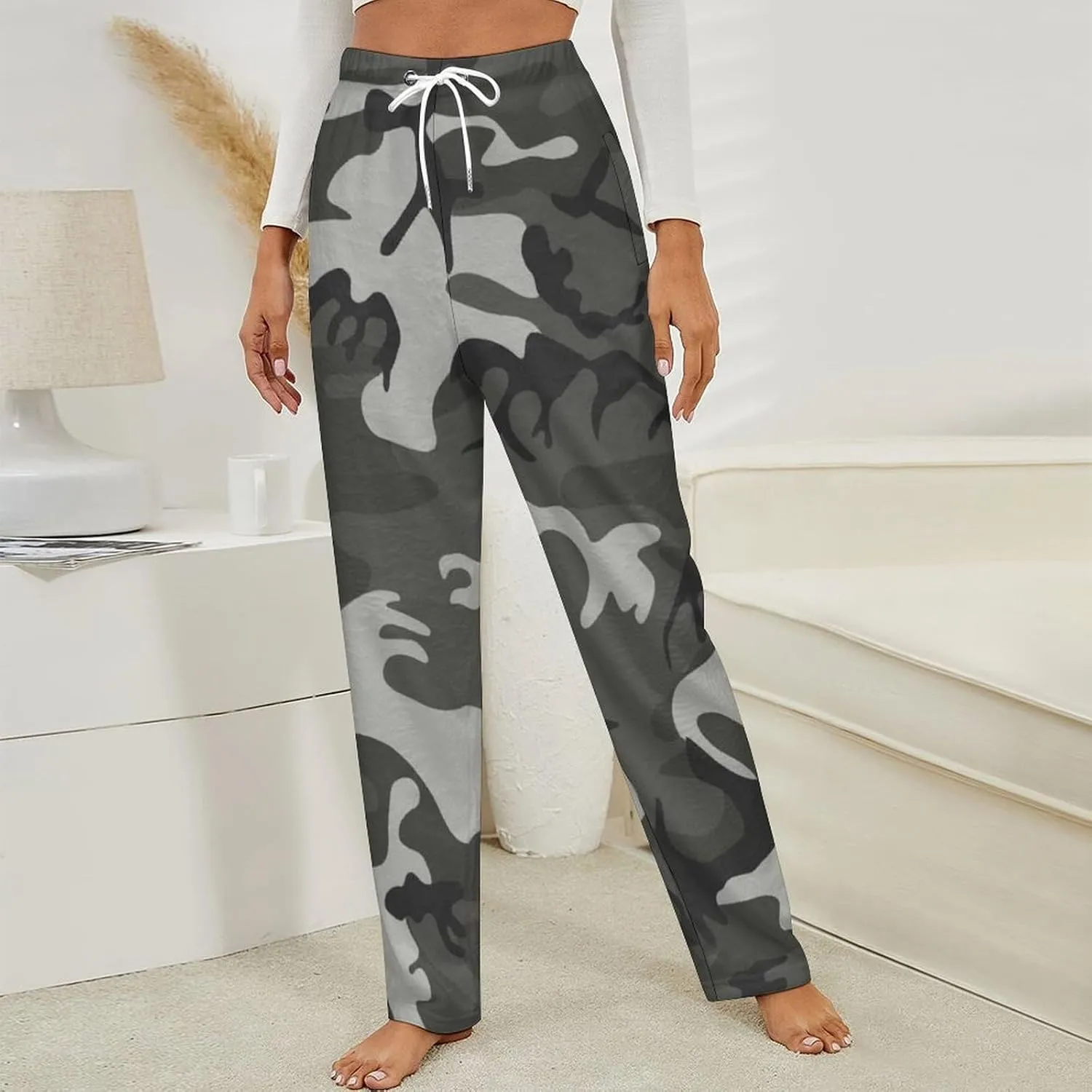 Gray Camouflage Women's Flannel Pajama Pants Fleece Lounge Sleep Bottoms PJ
