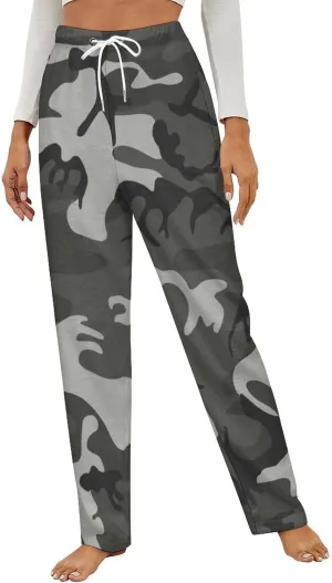Gray Camouflage Women's Flannel Pajama Pants Fleece Lounge Sleep Bottoms PJ
