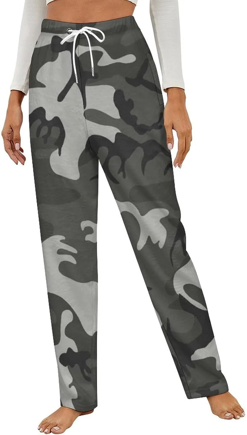 Gray Camouflage Women's Flannel Pajama Pants Fleece Lounge Sleep Bottoms PJ