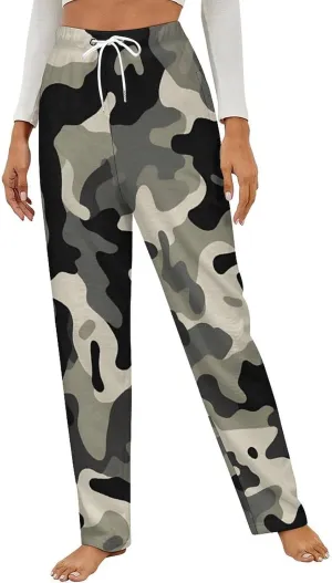 Gray Camouflage Women's Flannel Pajama Pants Fleece Lounge Sleep Bottoms PJ