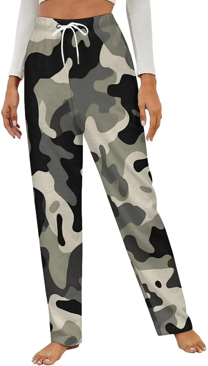 Gray Camouflage Women's Flannel Pajama Pants Fleece Lounge Sleep Bottoms PJ