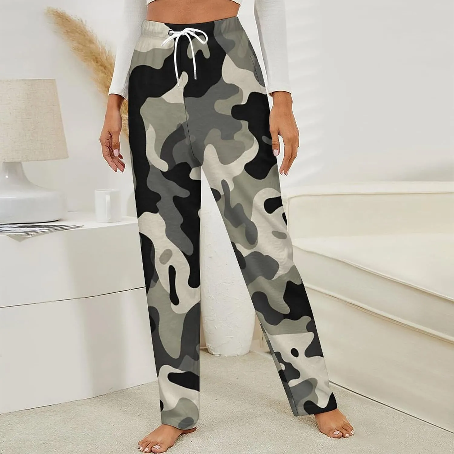 Gray Camouflage Women's Flannel Pajama Pants Fleece Lounge Sleep Bottoms PJ