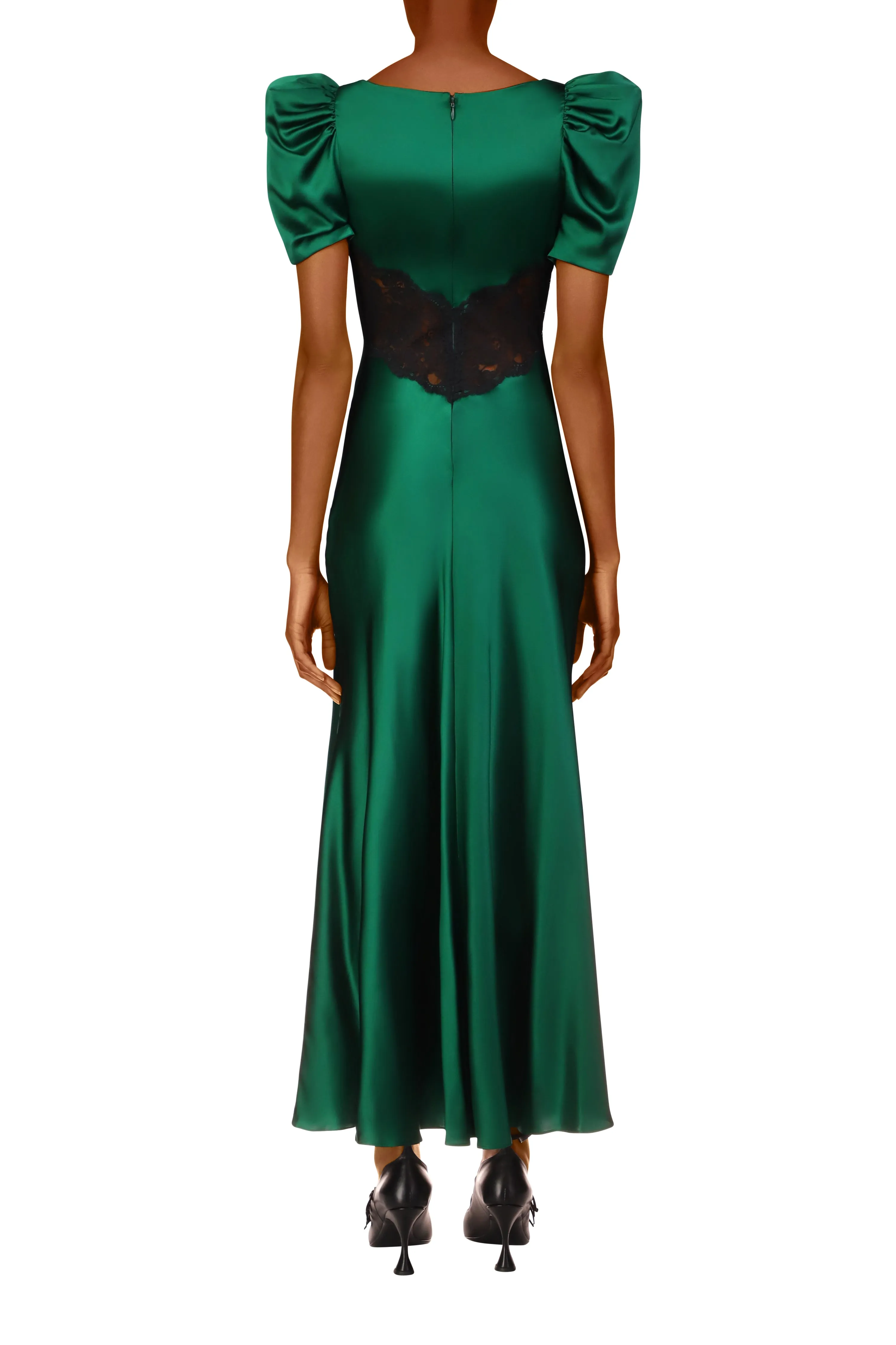 Green Silk Short Sleeve Dress With Black Lace Details