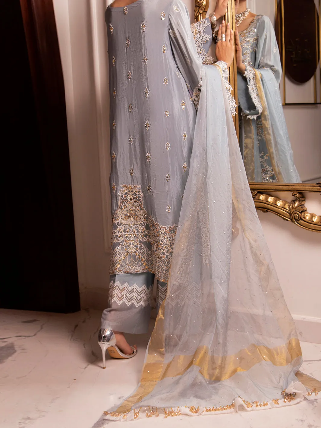 Grey Raw Silk 3 Piece Formal Unstitched - AL-3PS-LS-UN-347