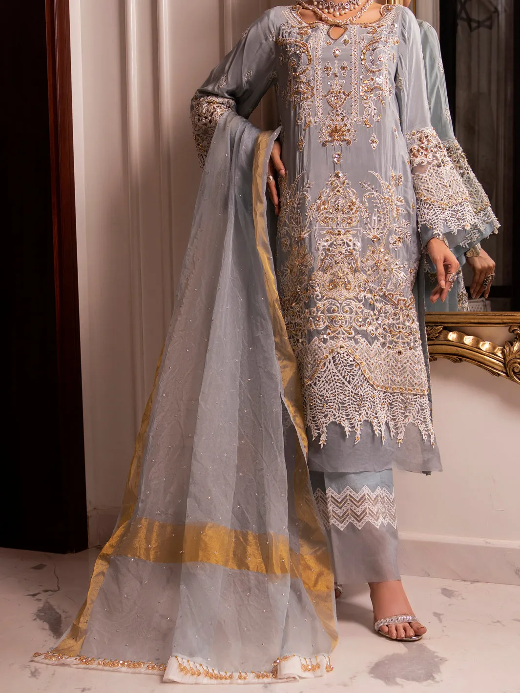 Grey Raw Silk 3 Piece Formal Unstitched - AL-3PS-LS-UN-347