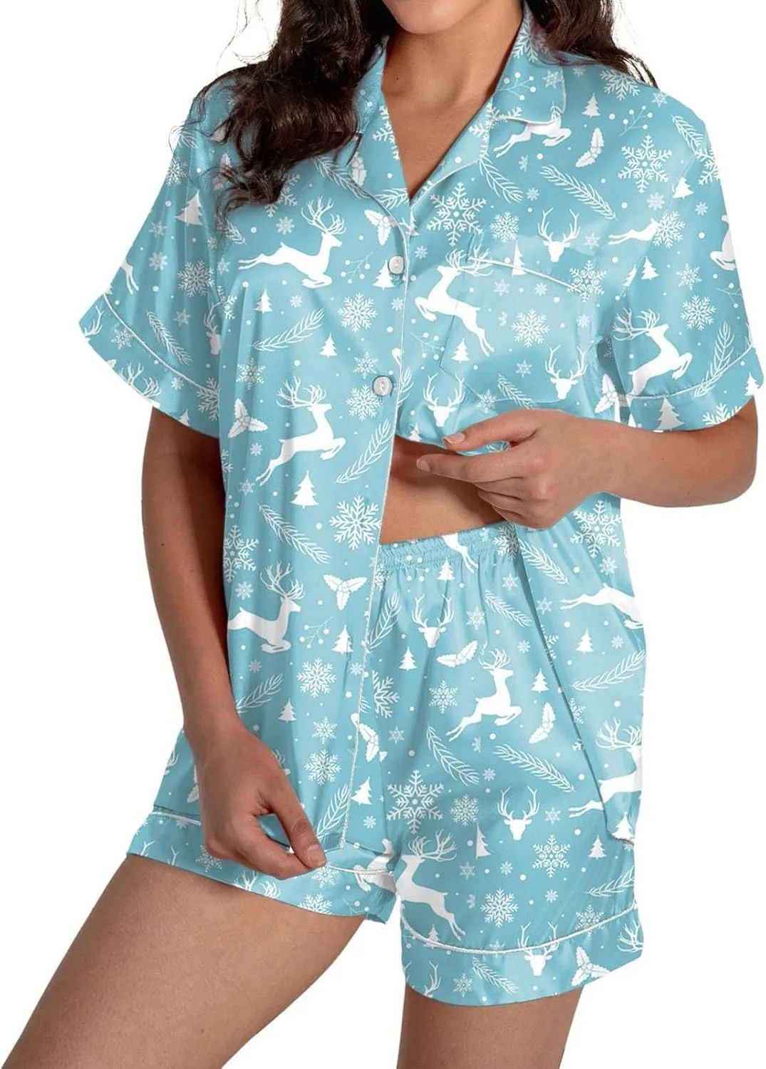 Halloween Pajamas Women 2pc Sets Ghst Graphic Silk Satin Cute Sleepwear Button Down Short Sleeve Lounge Cute Shorts