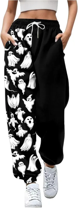 Halloween Sweatpants for Women Drawstring Ghost Print Fleece Joggers Pants High Waist Wide Leg Cinch Bottom Trousers