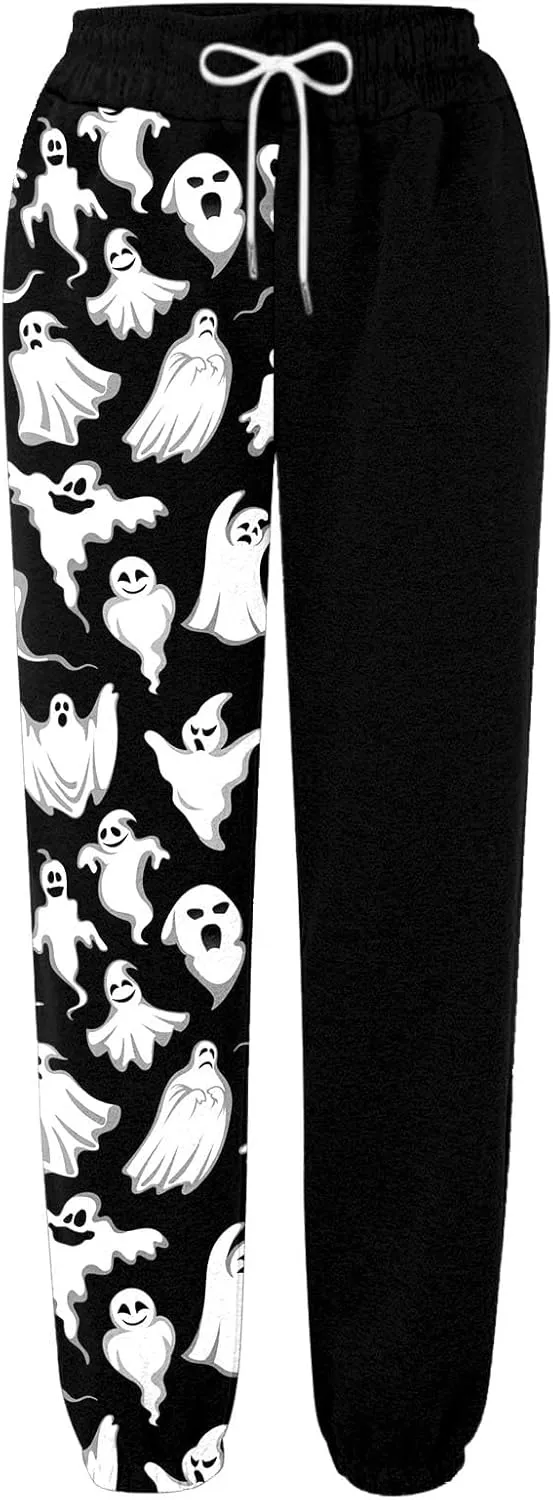 Halloween Sweatpants for Women Drawstring Ghost Print Fleece Joggers Pants High Waist Wide Leg Cinch Bottom Trousers