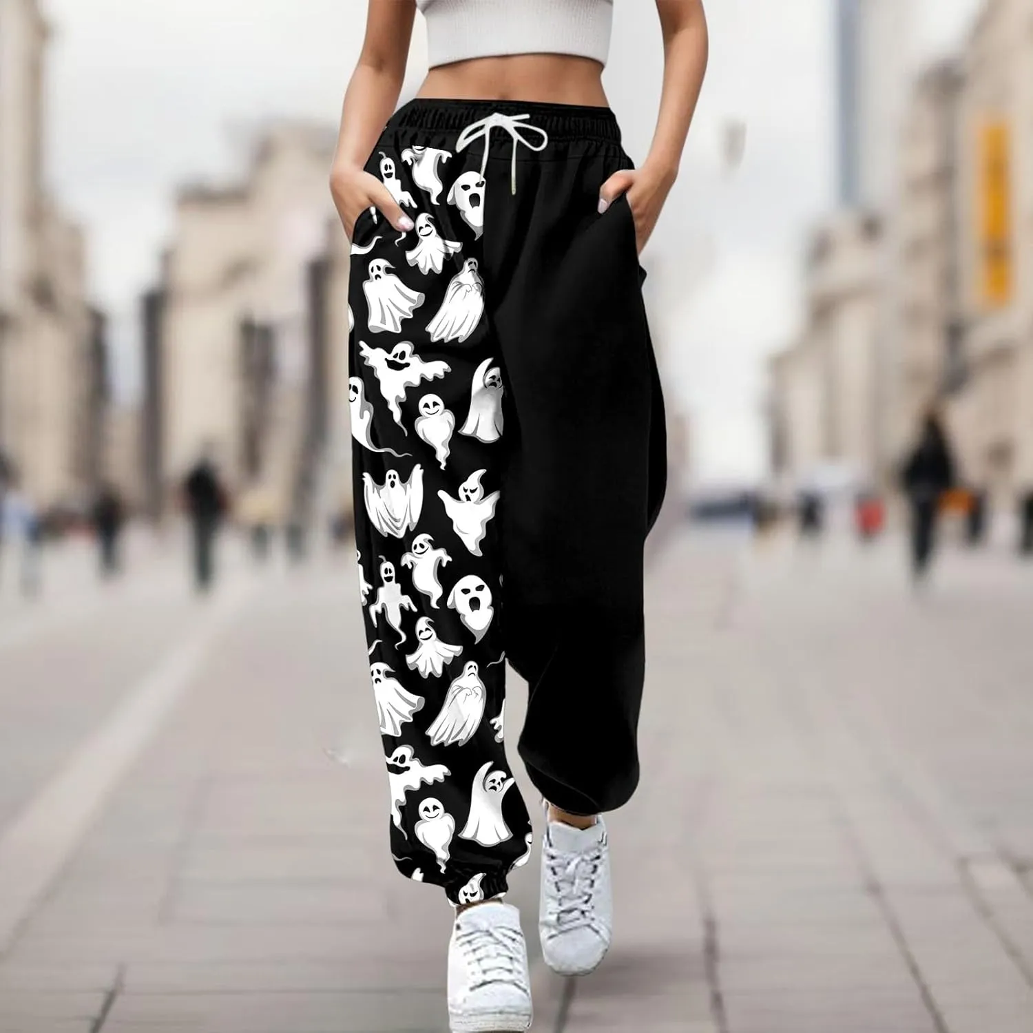 Halloween Sweatpants for Women Drawstring Ghost Print Fleece Joggers Pants High Waist Wide Leg Cinch Bottom Trousers