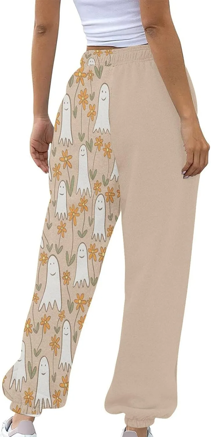 Halloween Sweatpants for Women High Waist Cinch Bottom Ghost Print Joggers Drawstring Workout Active Pants Pockets