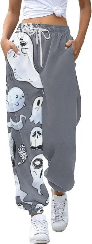 Halloween Sweatpants for Women High Waist Cinch Bottom Ghost Print Joggers Drawstring Workout Active Pants Pockets