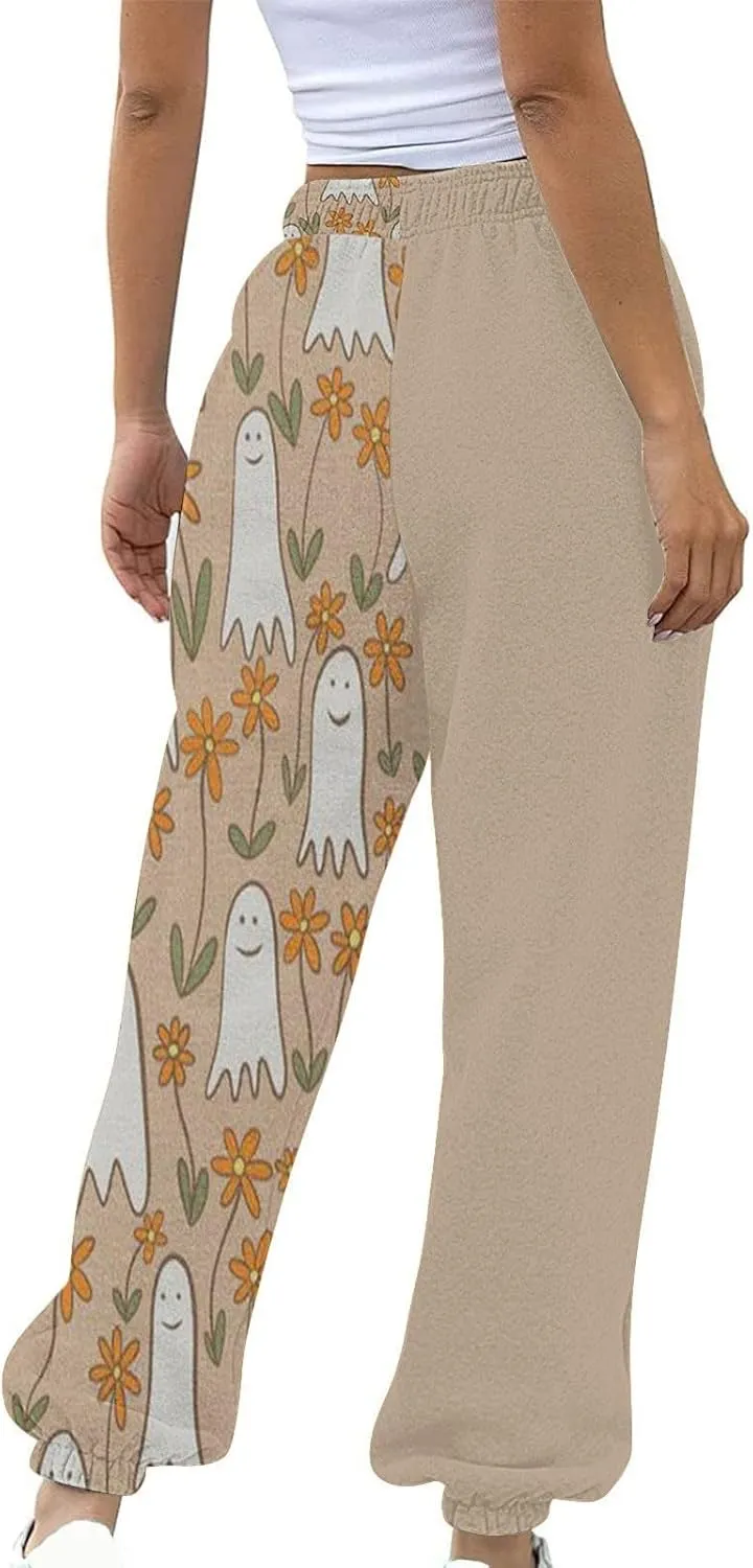 Halloween Sweatpants for Women High Waist Cinch Bottom Ghost Print Joggers Drawstring Workout Active Pants Pockets