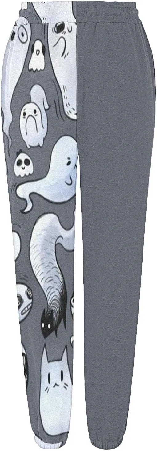 Halloween Sweatpants for Women High Waist Cinch Bottom Ghost Print Joggers Drawstring Workout Active Pants Pockets