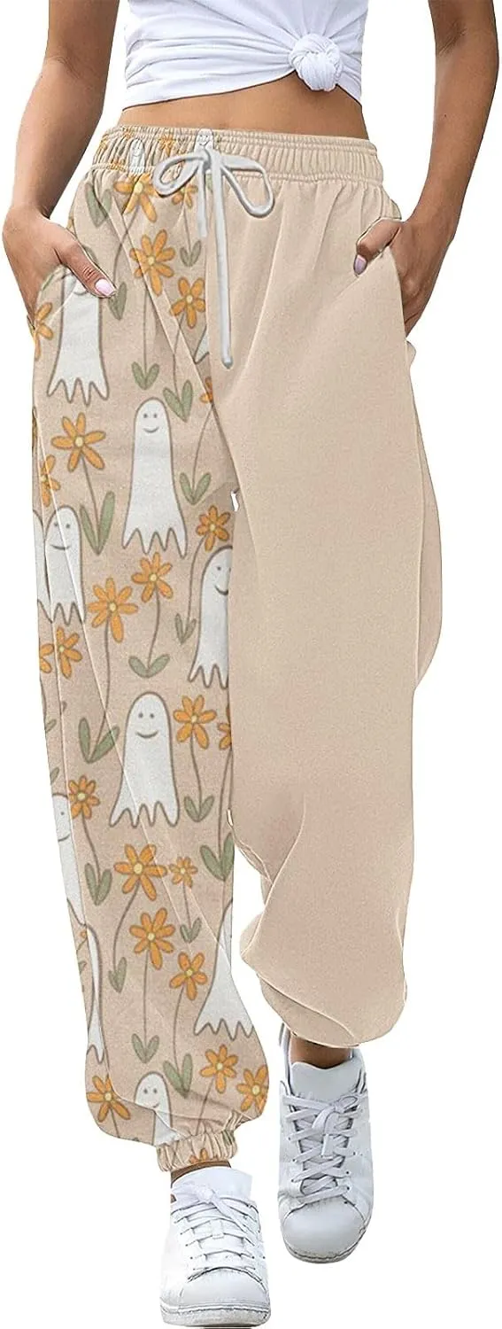 Halloween Sweatpants for Women High Waist Cinch Bottom Ghost Print Joggers Drawstring Workout Active Pants Pockets
