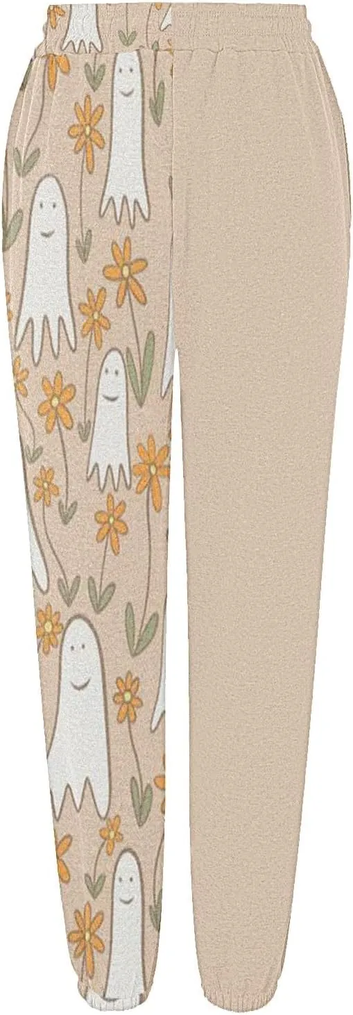 Halloween Sweatpants for Women High Waist Cinch Bottom Ghost Print Joggers Drawstring Workout Active Pants Pockets