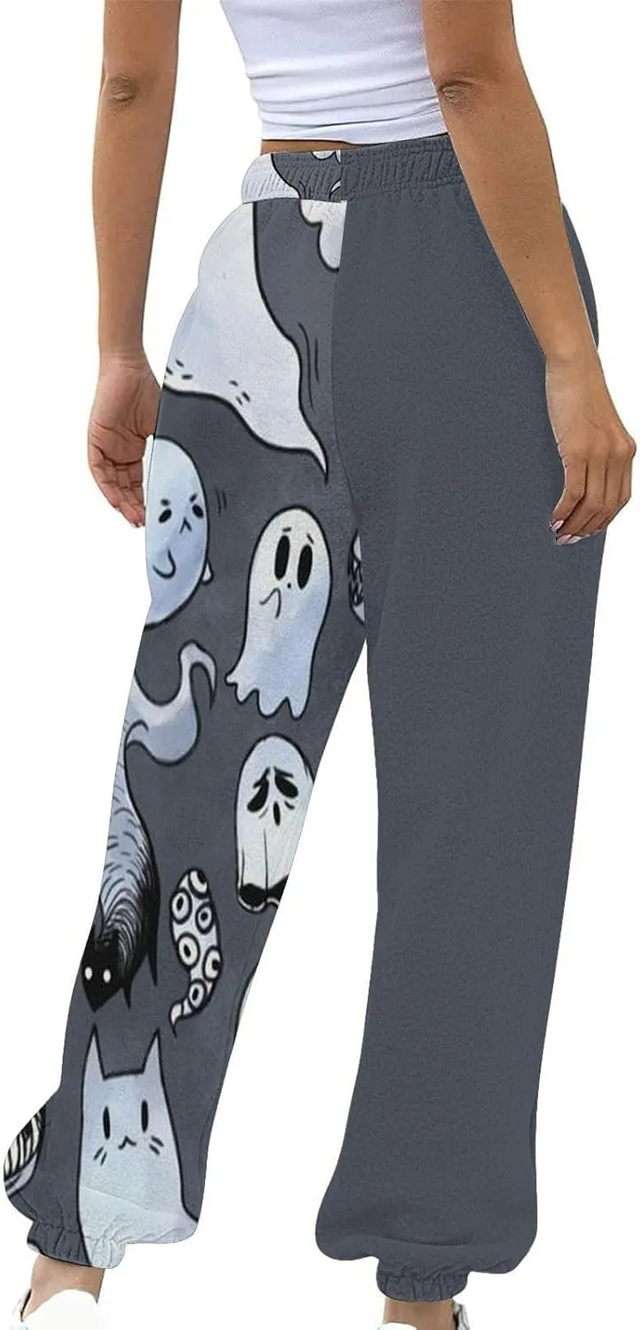 Halloween Sweatpants for Women High Waist Cinch Bottom Ghost Print Joggers Drawstring Workout Active Pants Pockets