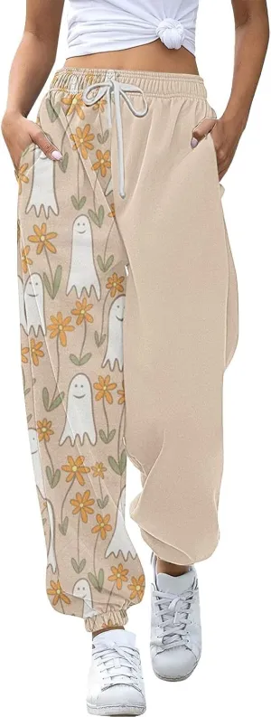 Halloween Sweatpants for Women High Waist Cinch Bottom Ghost Print Joggers Drawstring Workout Active Pants Pockets