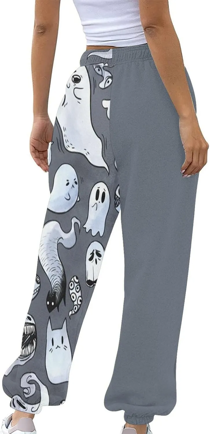 Halloween Sweatpants for Women High Waist Cinch Bottom Ghost Print Joggers Drawstring Workout Active Pants Pockets