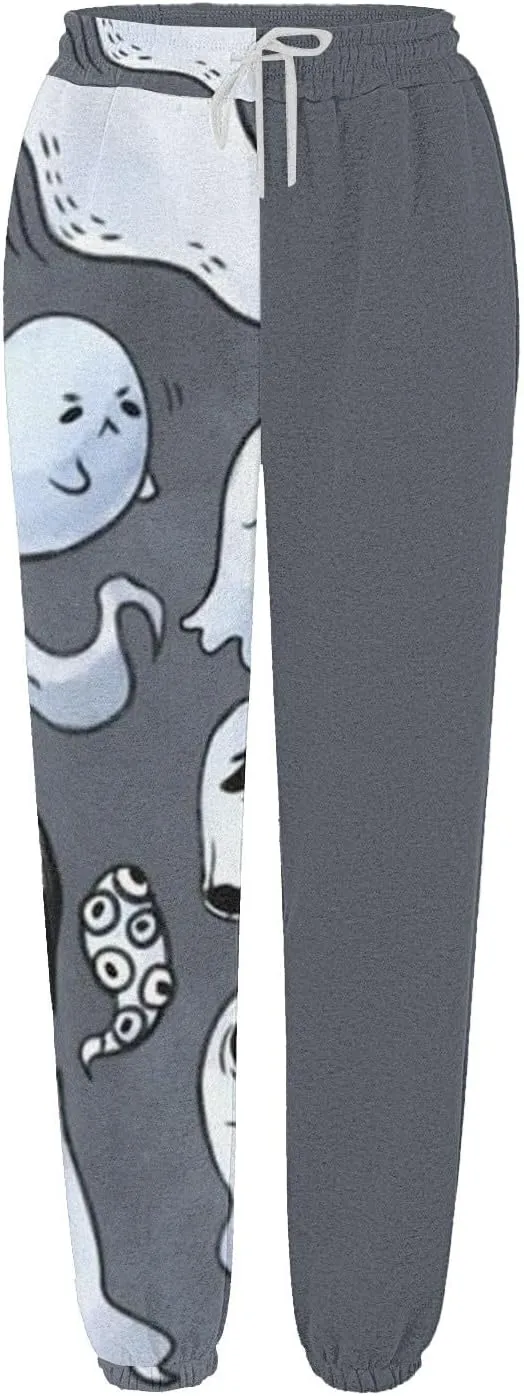 Halloween Sweatpants for Women High Waist Cinch Bottom Ghost Print Joggers Drawstring Workout Active Pants Pockets