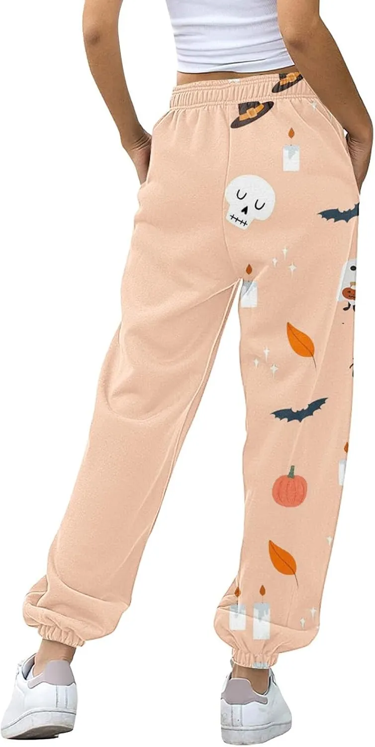 Halloween Wide Leg Sweatpants Women Pumpkin Print Cinch Bottom Baggy Sweatpants High Waisted Joggers Trousers