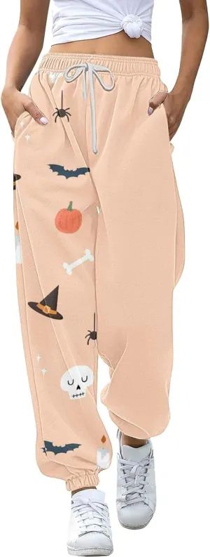 Halloween Wide Leg Sweatpants Women Pumpkin Print Cinch Bottom Baggy Sweatpants High Waisted Joggers Trousers