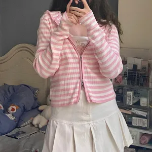 Harajuku Kawaii Aesthetic Y2K Pink Striped Hoodie Cardigan