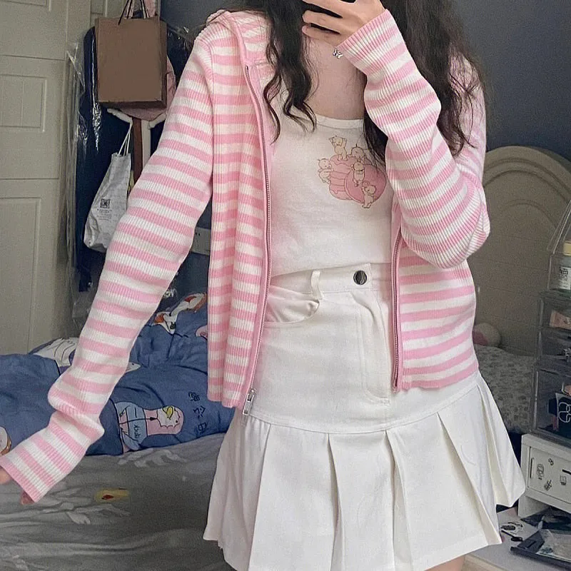 Harajuku Kawaii Aesthetic Y2K Pink Striped Hoodie Cardigan