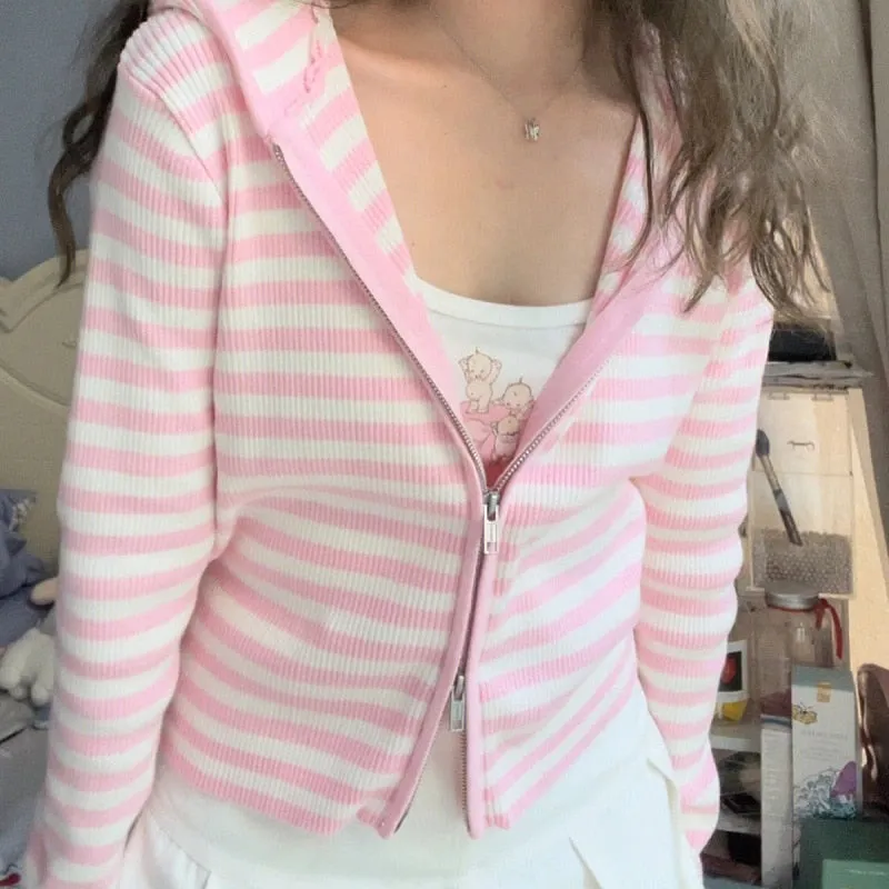 Harajuku Kawaii Aesthetic Y2K Pink Striped Hoodie Cardigan