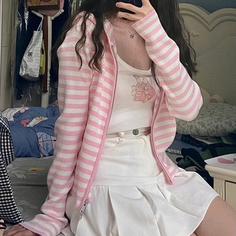 Harajuku Kawaii Aesthetic Y2K Pink Striped Hoodie Cardigan
