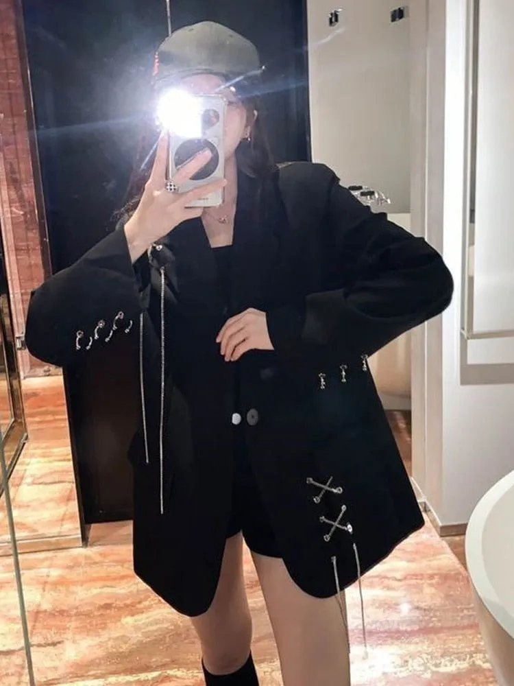 Harajuku Korean Fashion Street Fashion Oversized Black Blazer with Chain Details