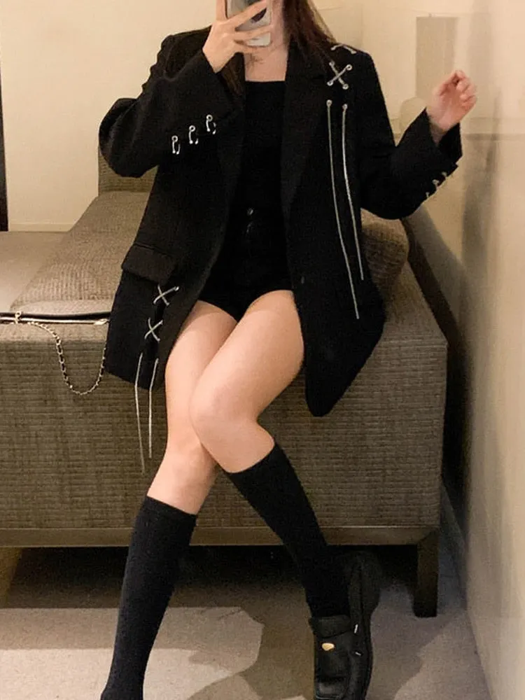 Harajuku Korean Fashion Street Fashion Oversized Black Blazer with Chain Details